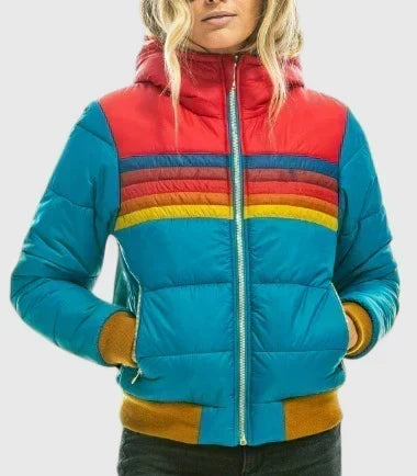 Retro Stripe Zip Front Stand Collar Puffer Jacket 7
