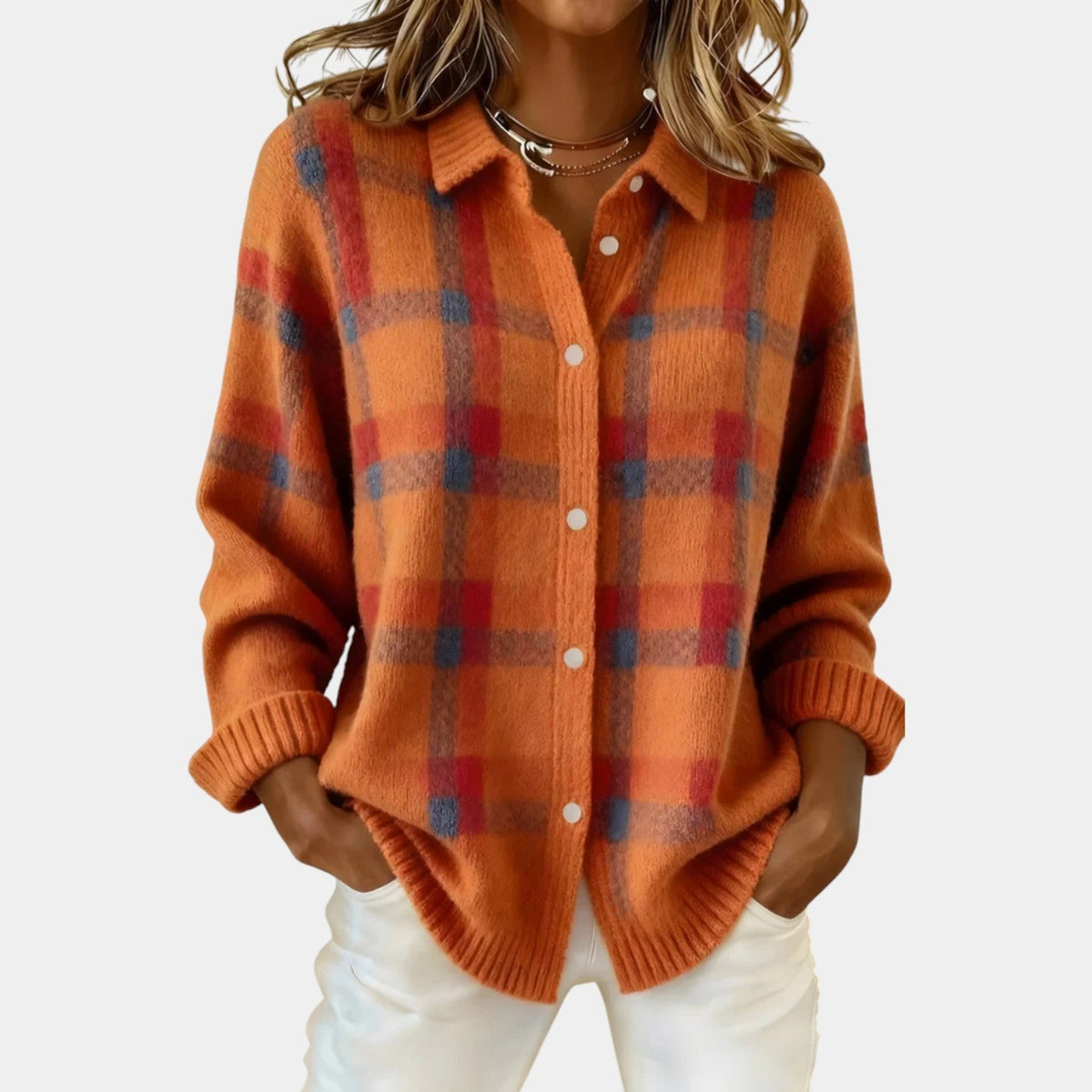Plaid Collared Button Front Knit Cardigan