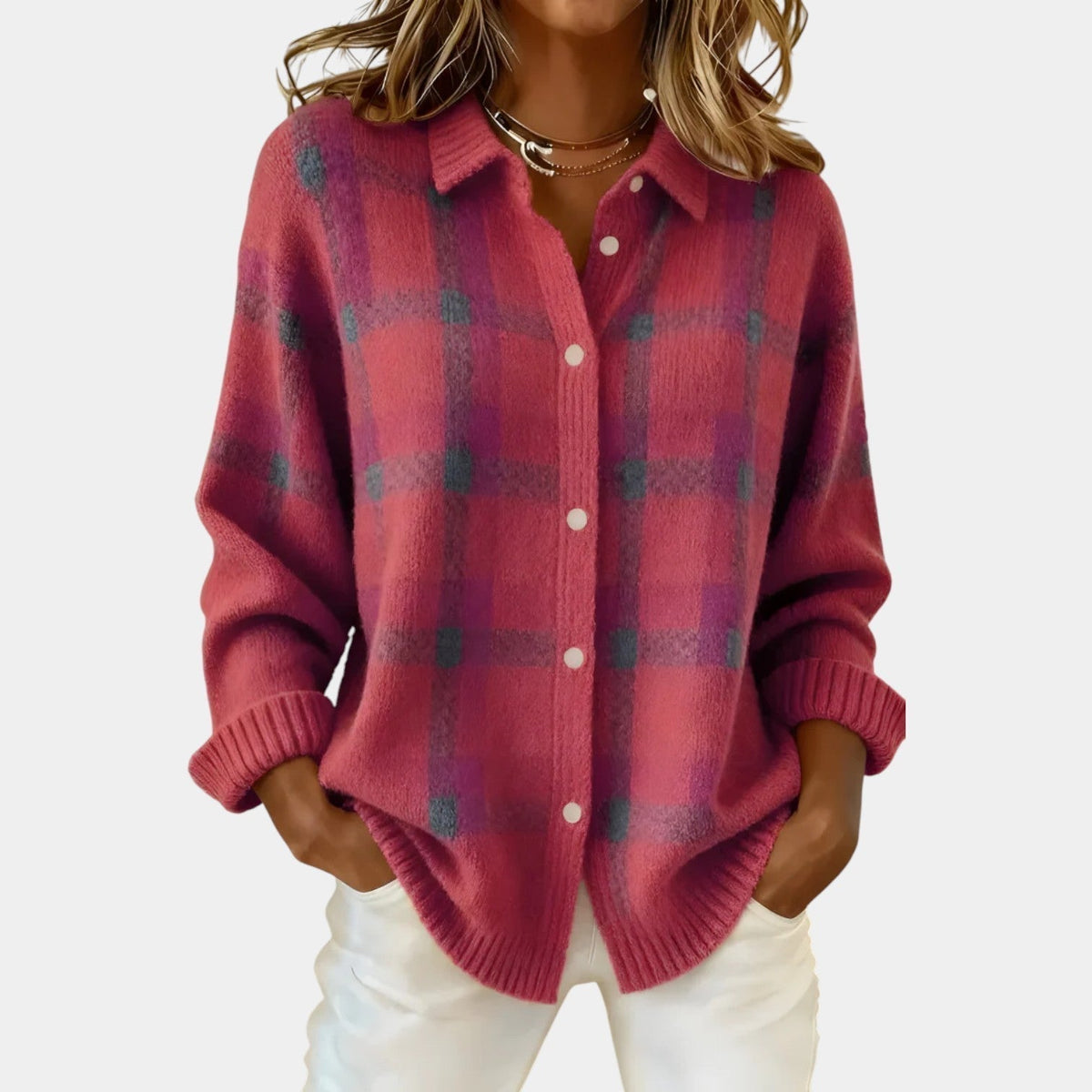 Plaid Collared Button Front Knit Cardigan 4