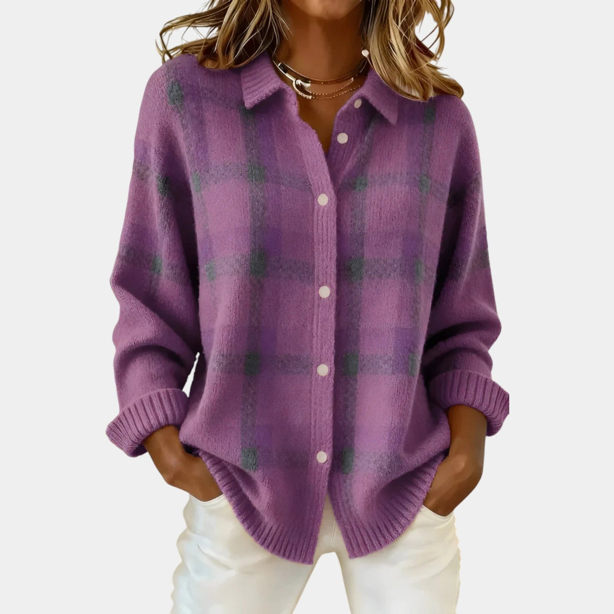 Plaid Collared Button Front Knit Cardigan 5
