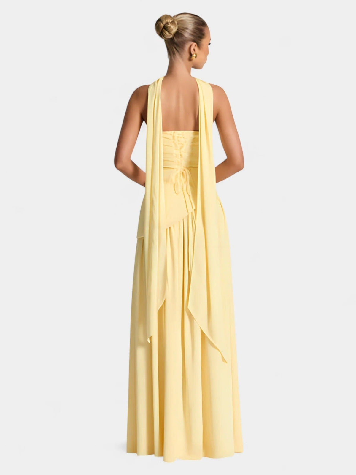 Strapless Scarf Neck Pleated Peplum Maxi Dress