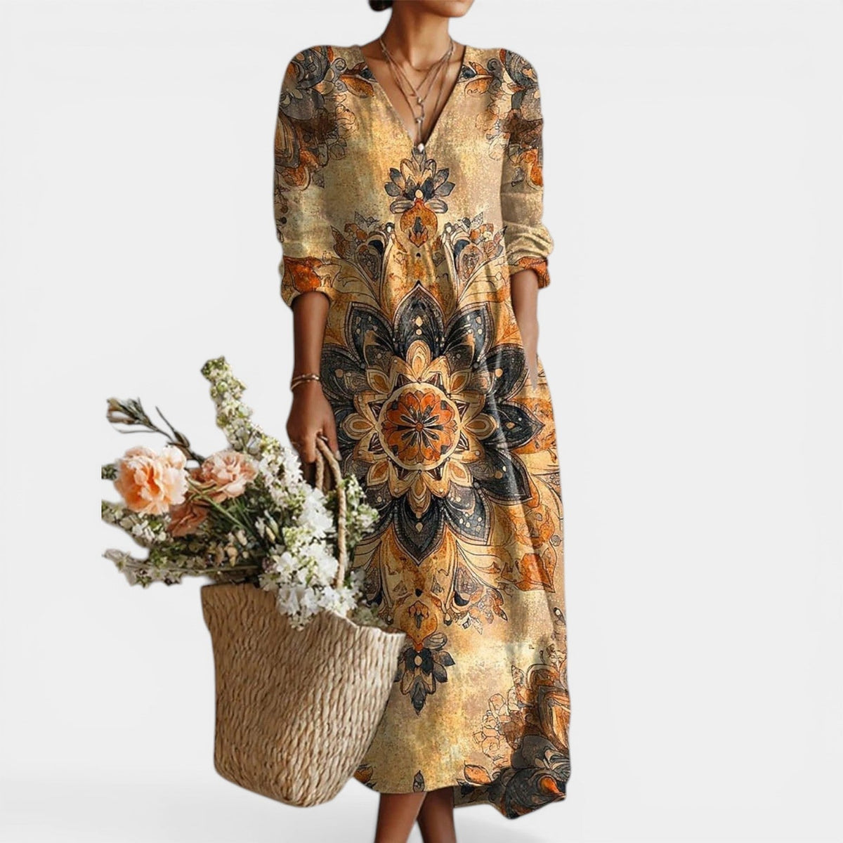 Mandala Print V-Neck Long Sleeve Boho Midi Dress