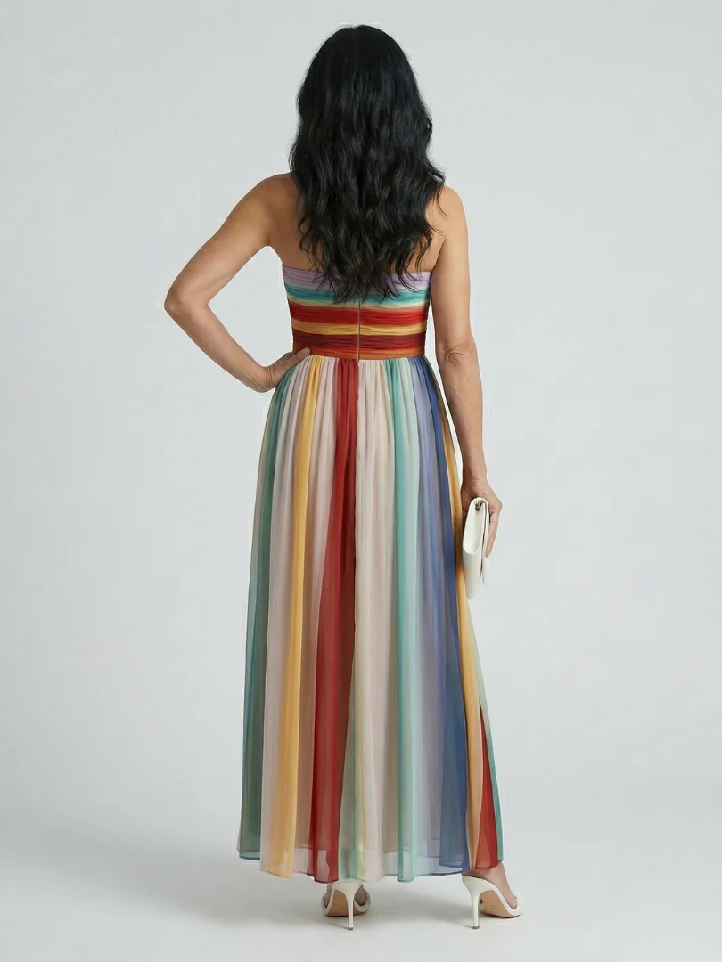 Striped Strapless Gathered Chiffon Maxi Dress 3