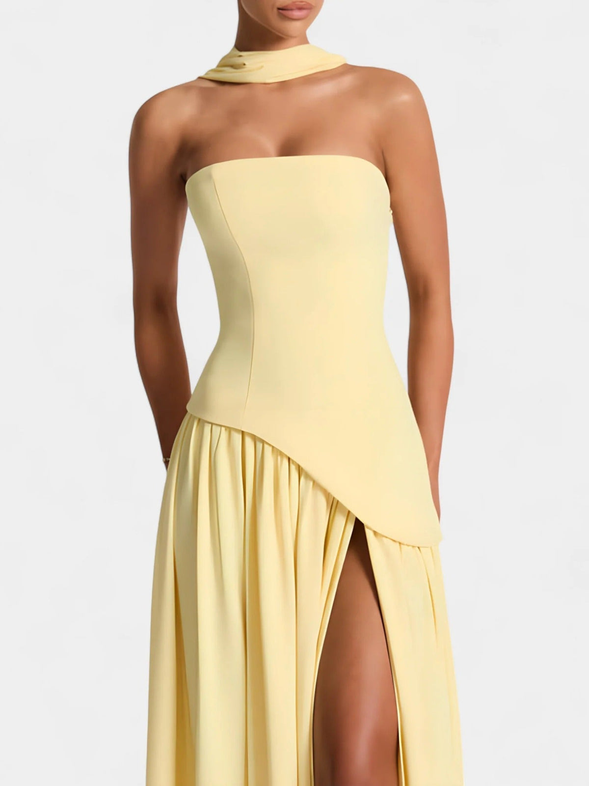 Strapless Scarf Neck Pleated Peplum Maxi Dress