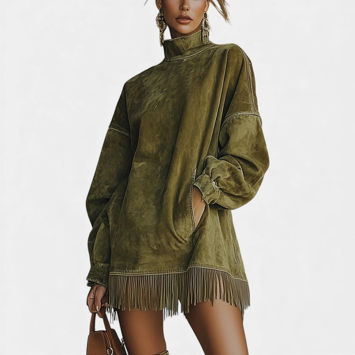 Turtleneck Long Sleeve Fringe Hem Sweatshirt Dress