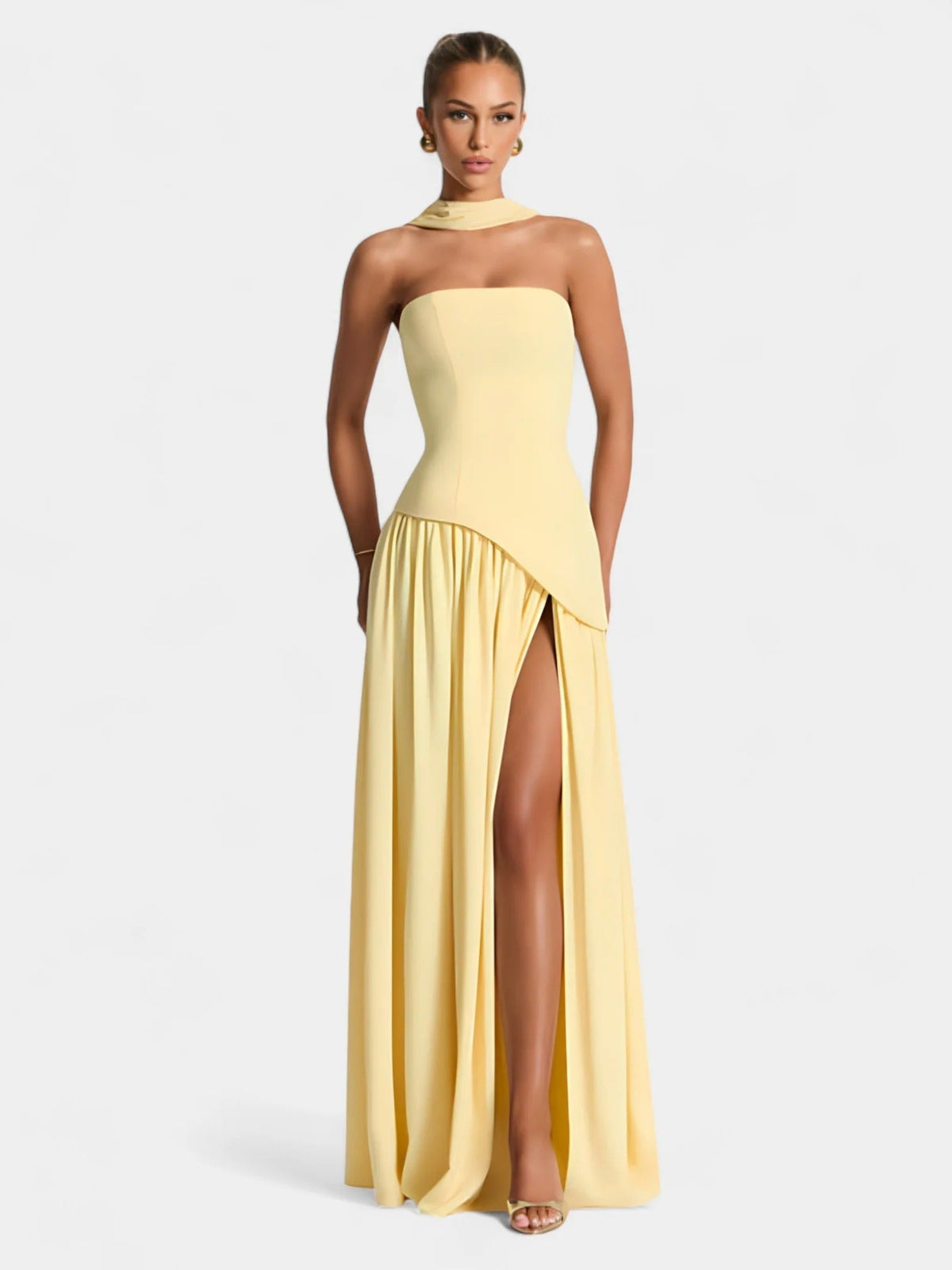 Strapless Scarf Neck Pleated Peplum Maxi Dress