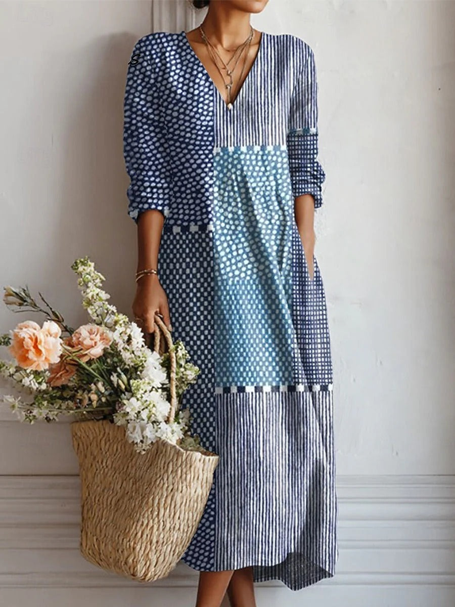 Patchwork Polka Dot Stripe V-Neck Long Sleeve Midi Dress