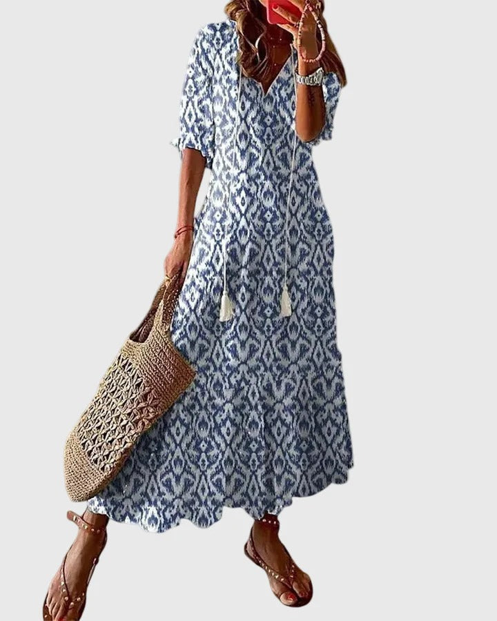 Ikat Print V-Neck Tassel Tie Tiered Maxi Dress