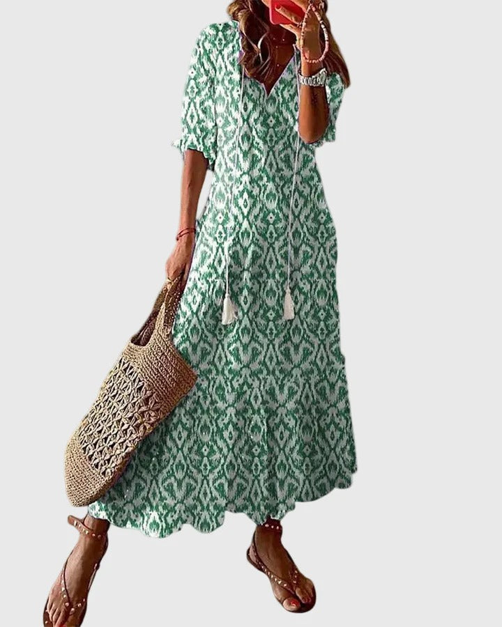 Ikat Print V-Neck Tassel Tie Tiered Maxi Dress 2
