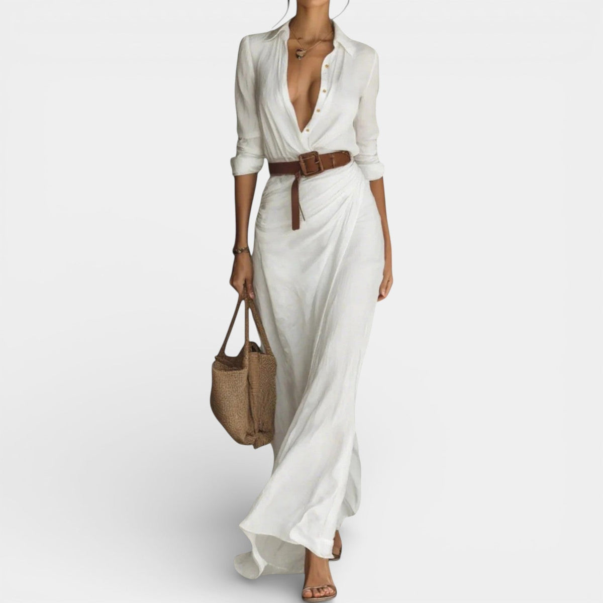 Collared Long Sleeve Belted Wrap Maxi Shirt Dress