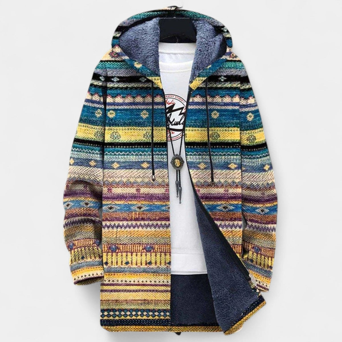 Aztec Print Hooded Fleece Lined Zip Front Knit Cardigan Coat