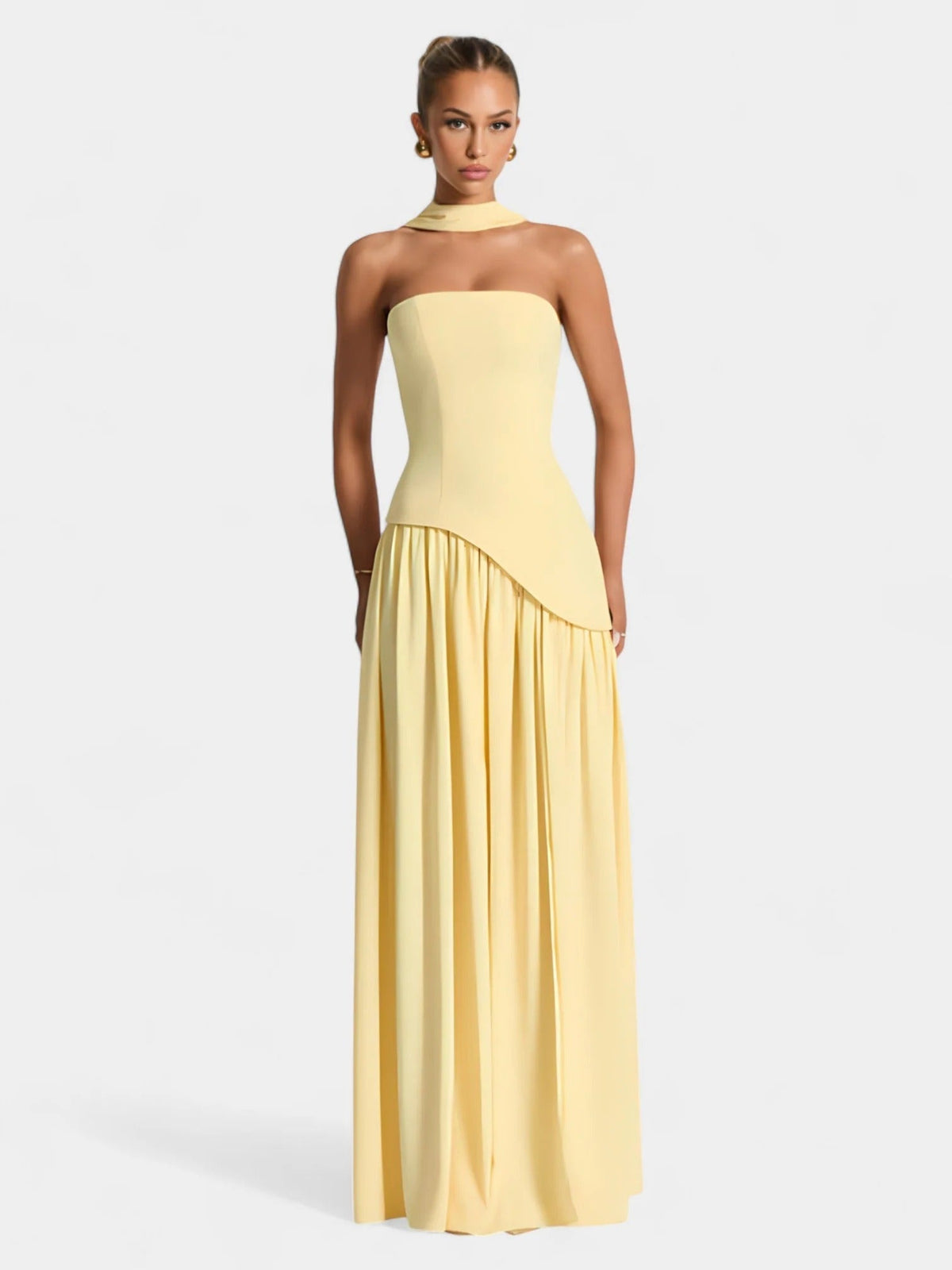 Strapless Scarf Neck Pleated Peplum Maxi Dress