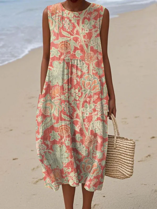 Sleeveless Round Neck Paisley Floral Print Pocket Midi Dress