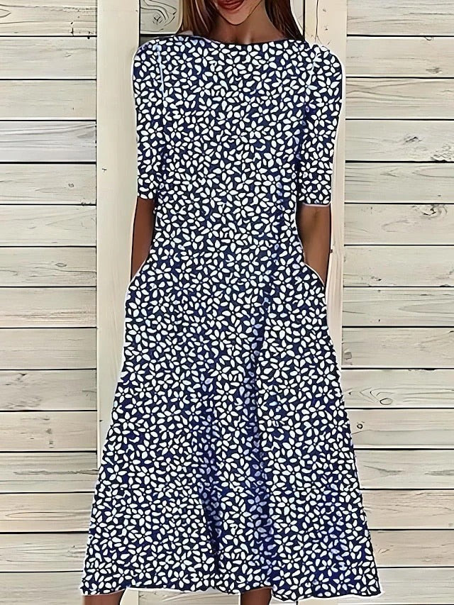 Boat Neck Short Sleeve Ditsy Floral Midi Dress