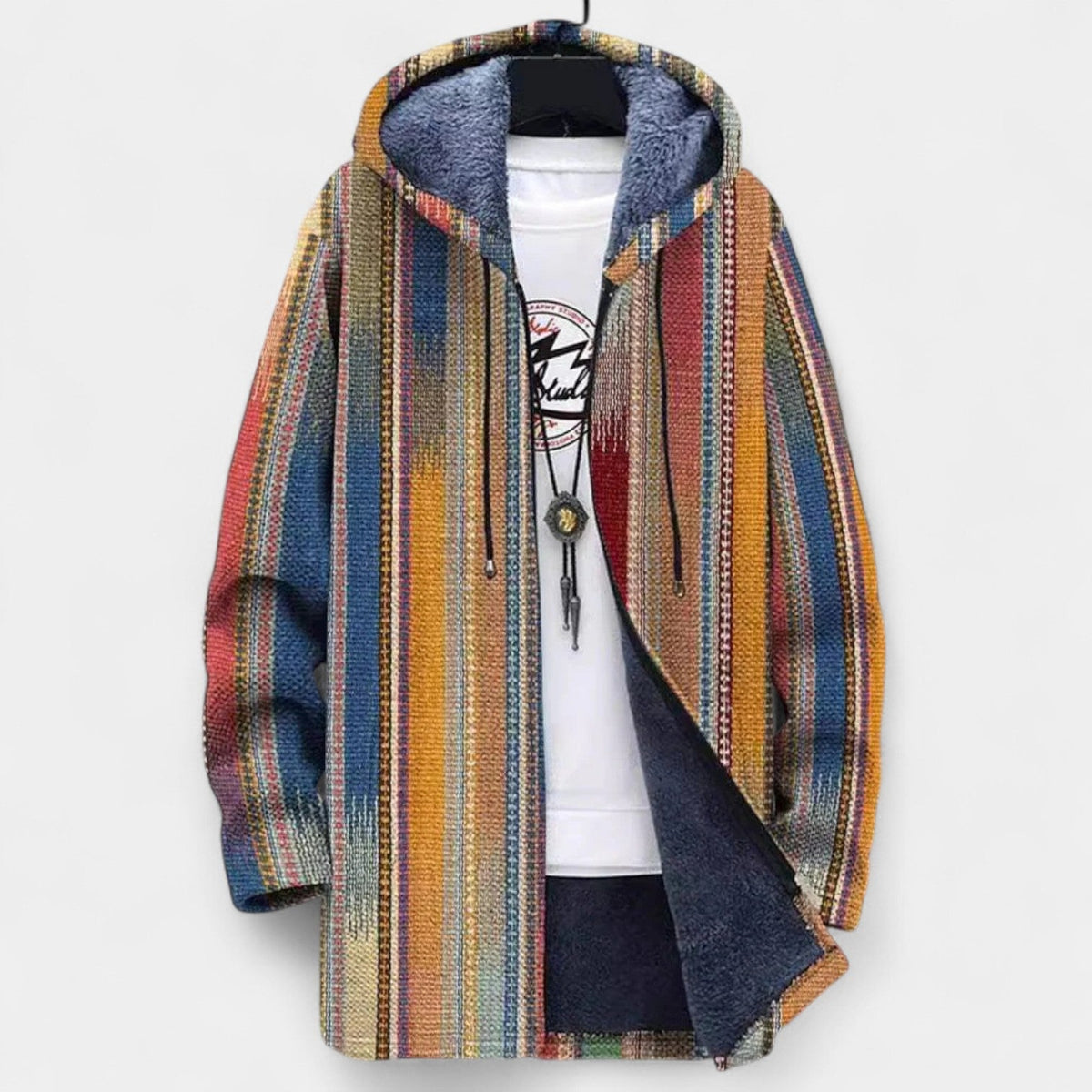 Striped Hooded Fleece Lined Zip Front Knit Cardigan Coat