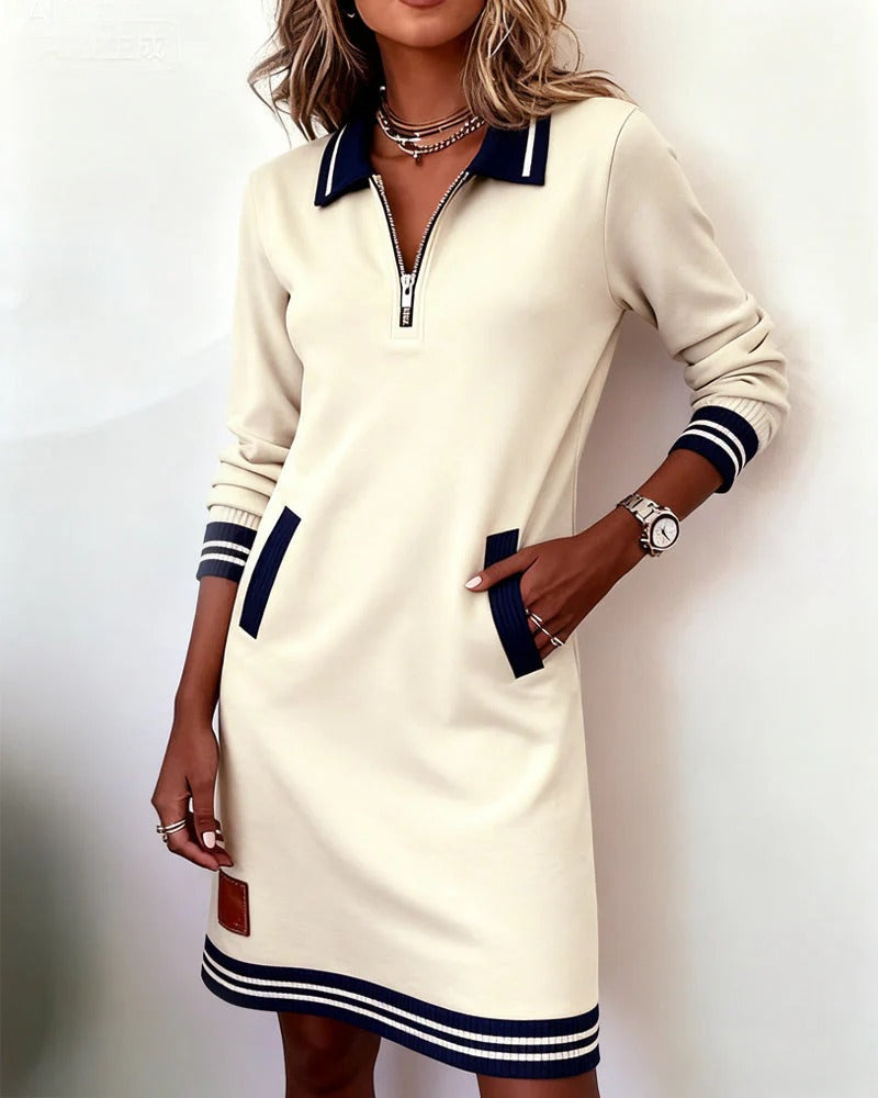 Quarter Zip Collar Long Sleeve Stripe Hem Sweatshirt Dress 7