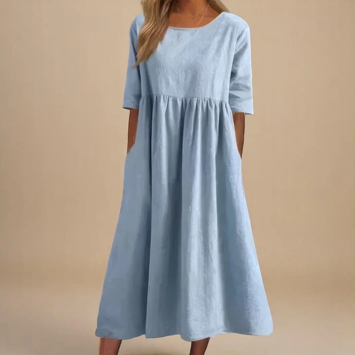 Round Neck Half Sleeve Pocket Smock Midi Dress
