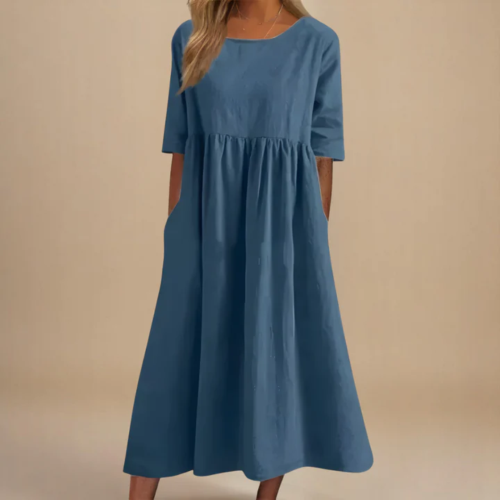 Round Neck Half Sleeve Pocket Smock Midi Dress 2