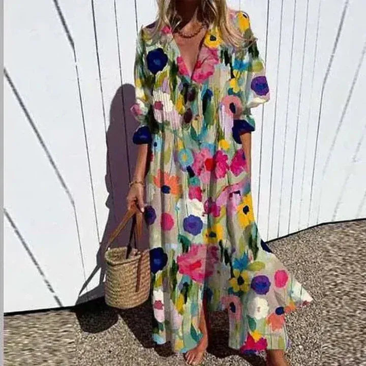Floral Collared Button Front Tiered Maxi Dress