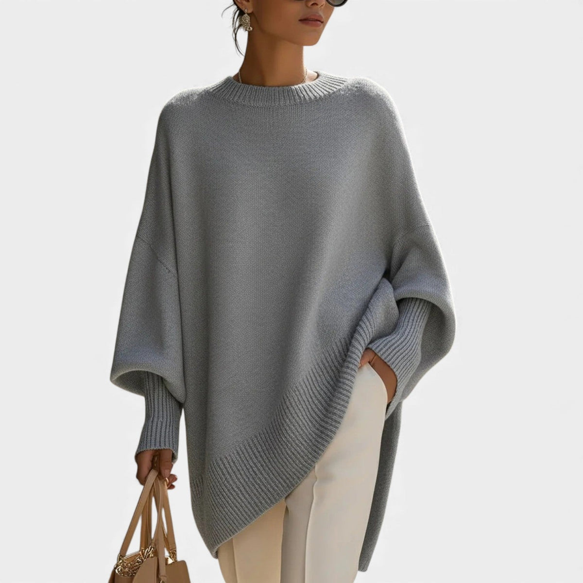 Mock Neck Batwing Sleeve Asymmetric Oversized Knit Sweater 5