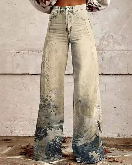 Wave and Crane Print High Waist Wide Leg Pants