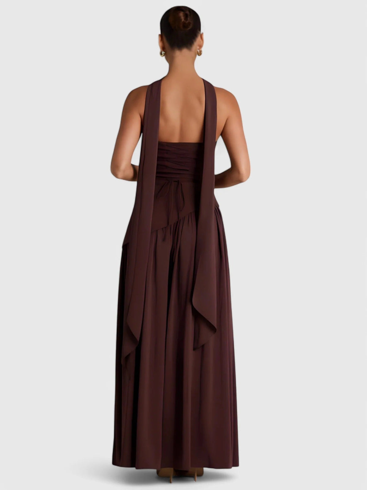 Strapless Scarf Neck Pleated Peplum Maxi Dress 4
