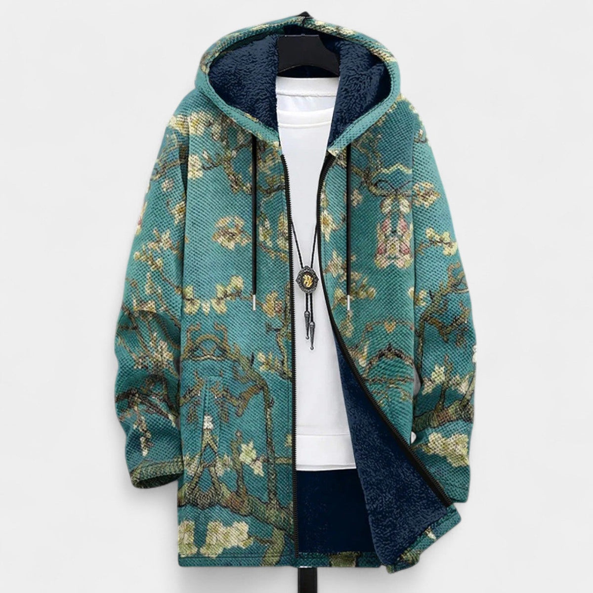 Floral Print Hooded Fleece Lined Zip Front Knit Cardigan Coat