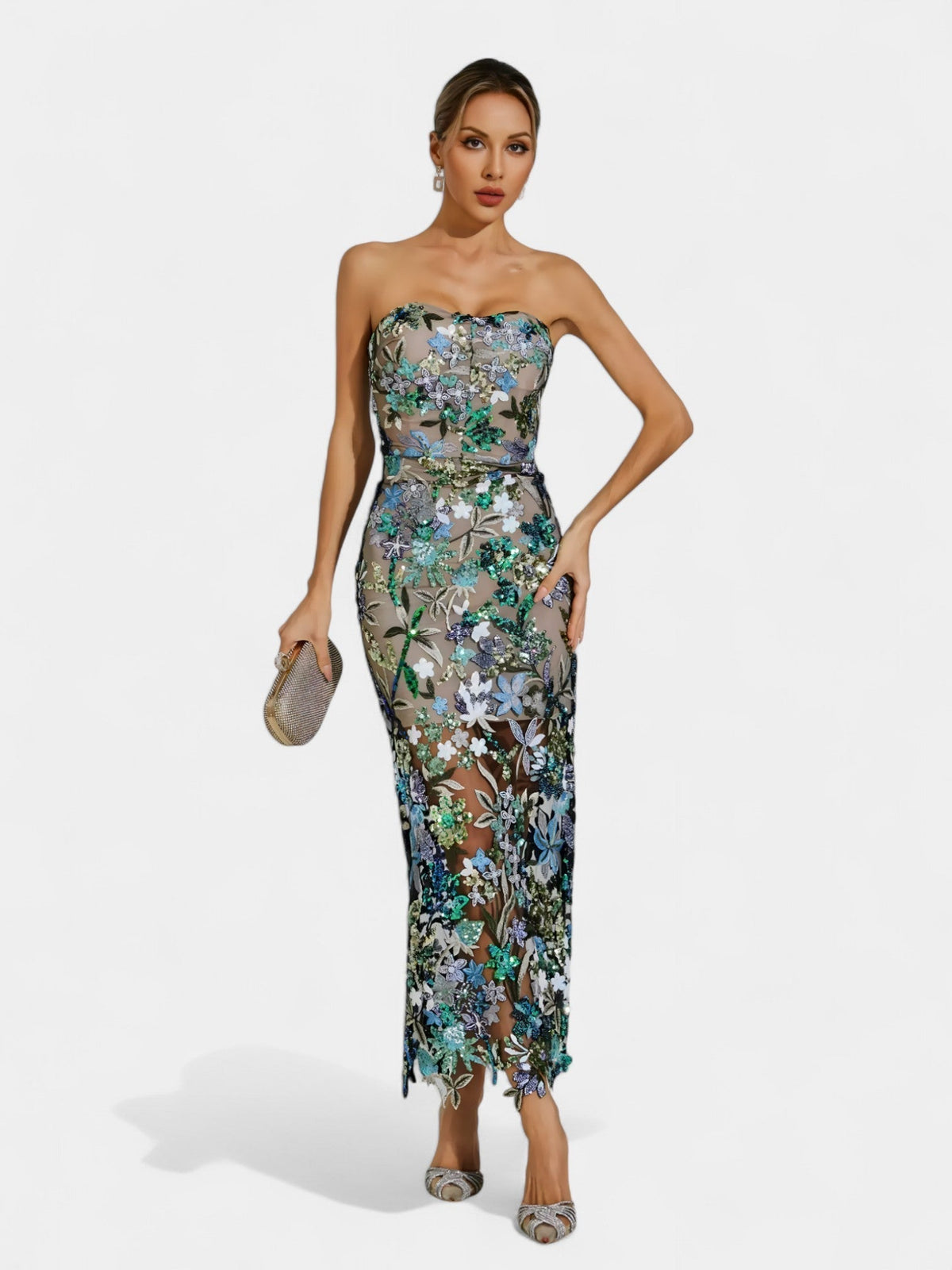 Strapless Floral Sequin Sheer Hem Maxi Dress 18