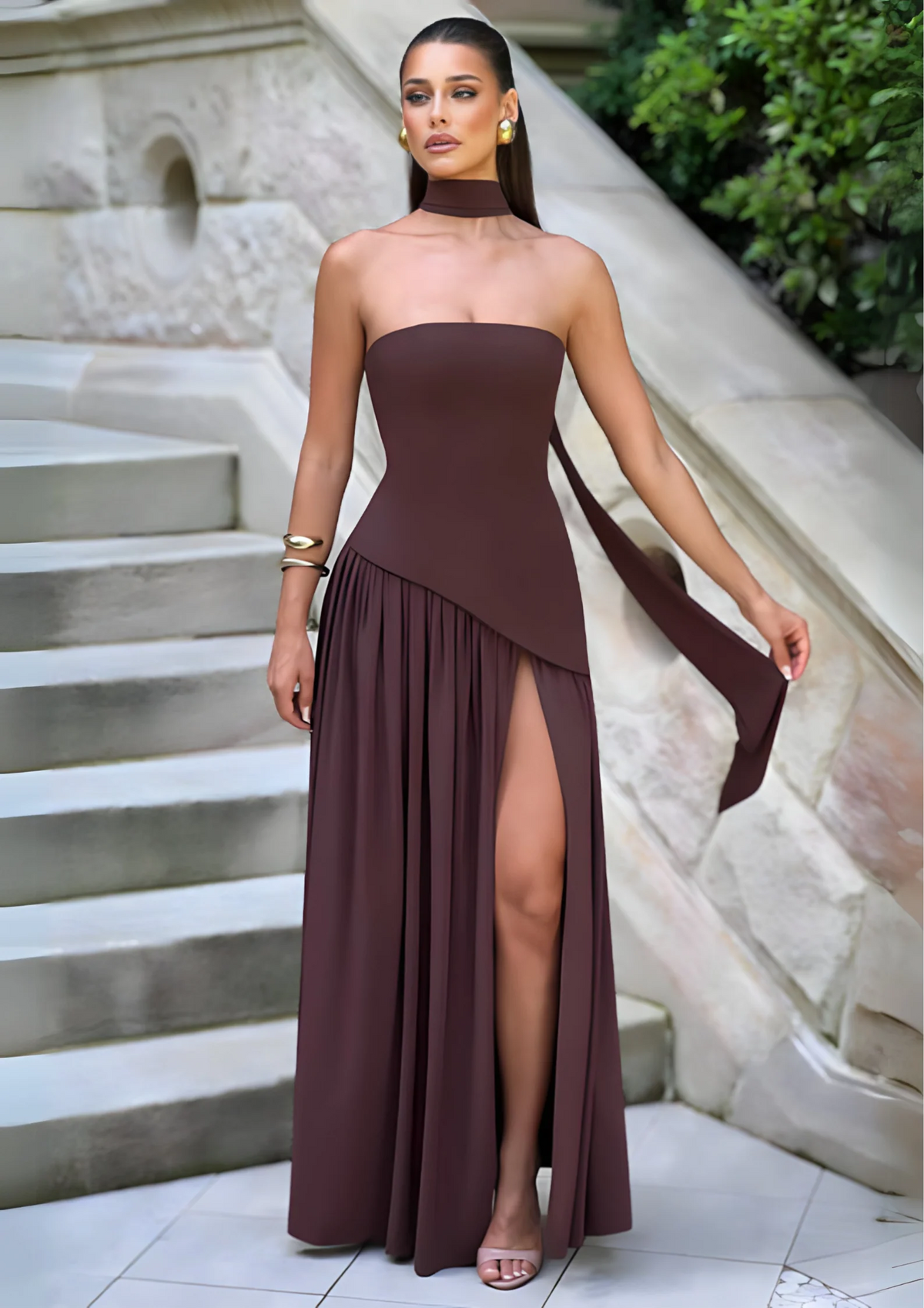 Strapless Scarf Neck Pleated Peplum Maxi Dress 5