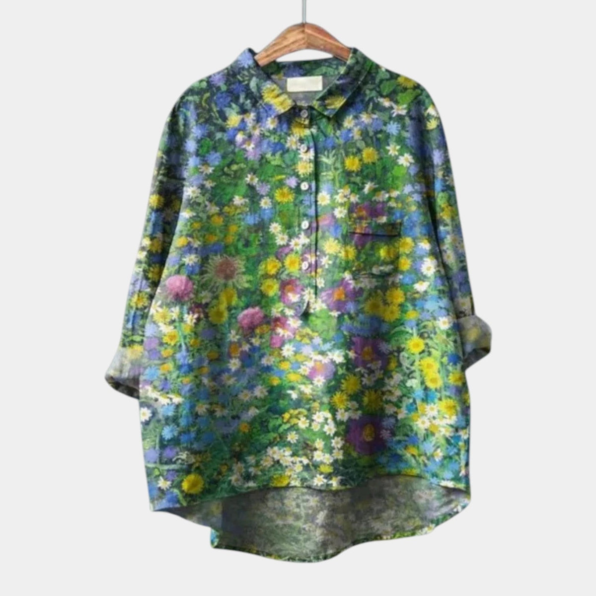 Floral Print Collared Long Sleeve High Low Blouse