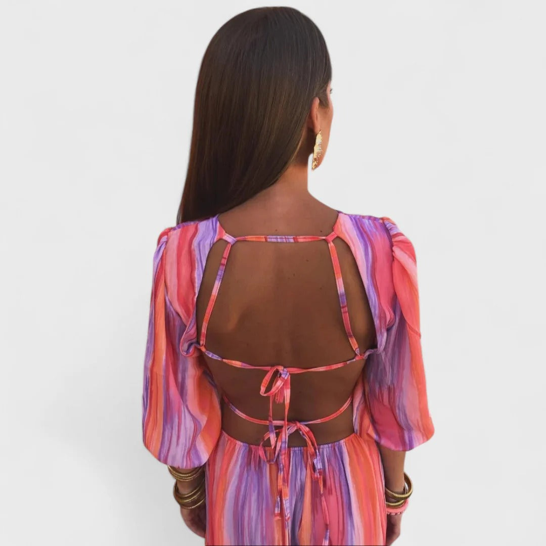 Striped Puff Sleeve Waist Cut Out High Split Maxi Dress 4