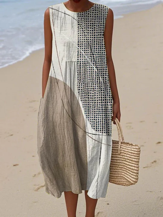 Abstract Geometric Dot Print Crew Neck Sleeveless Midi Dress