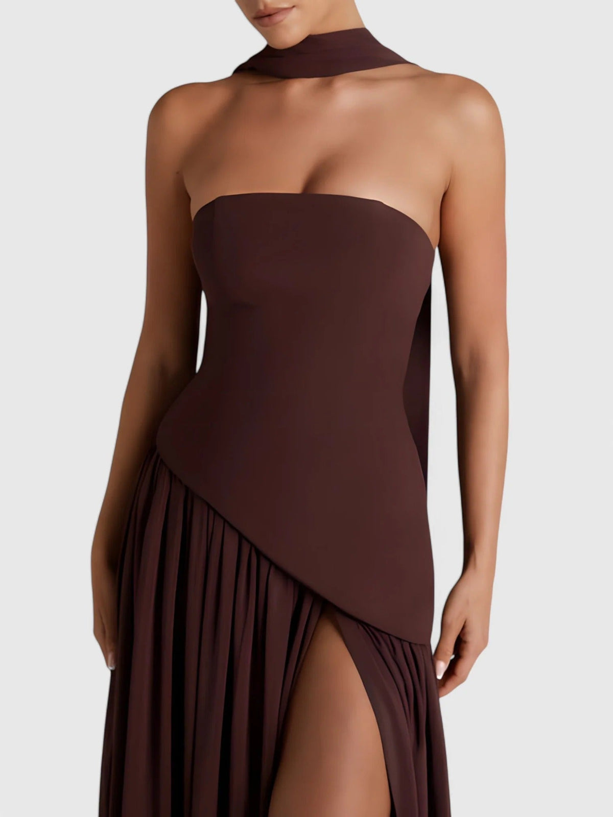 Strapless Scarf Neck Pleated Peplum Maxi Dress 6