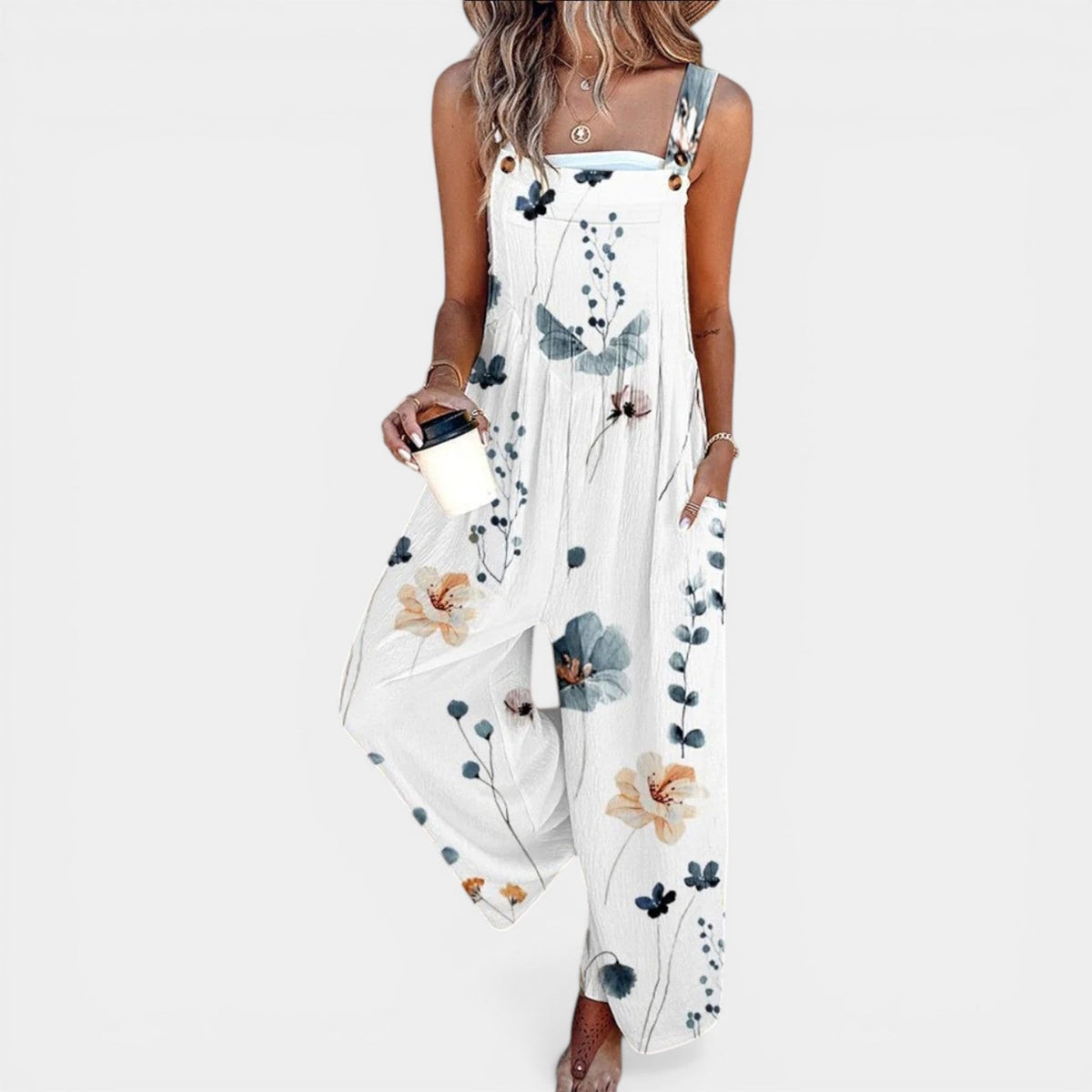 Floral Print Sleeveless Wide Leg Overall Jumpsuit
