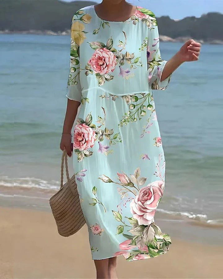 Floral Round Neck Half Sleeve Shift Midi Dress