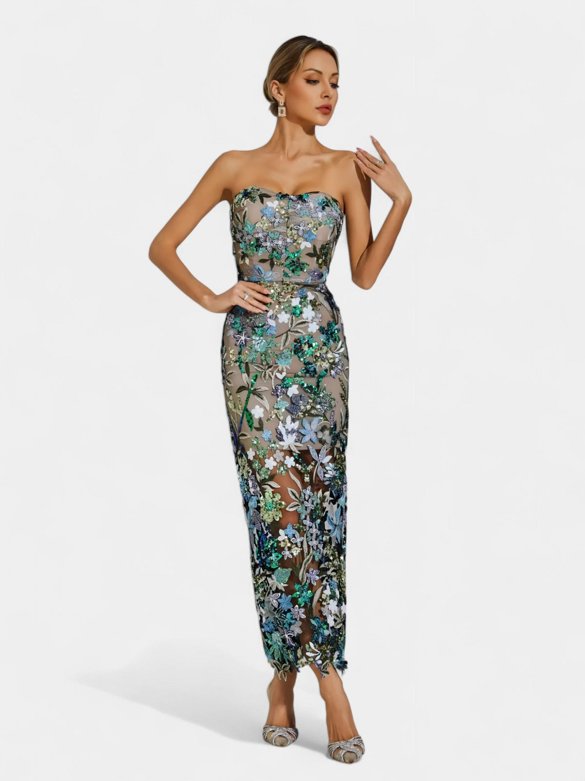 Strapless Floral Sequin Sheer Hem Maxi Dress