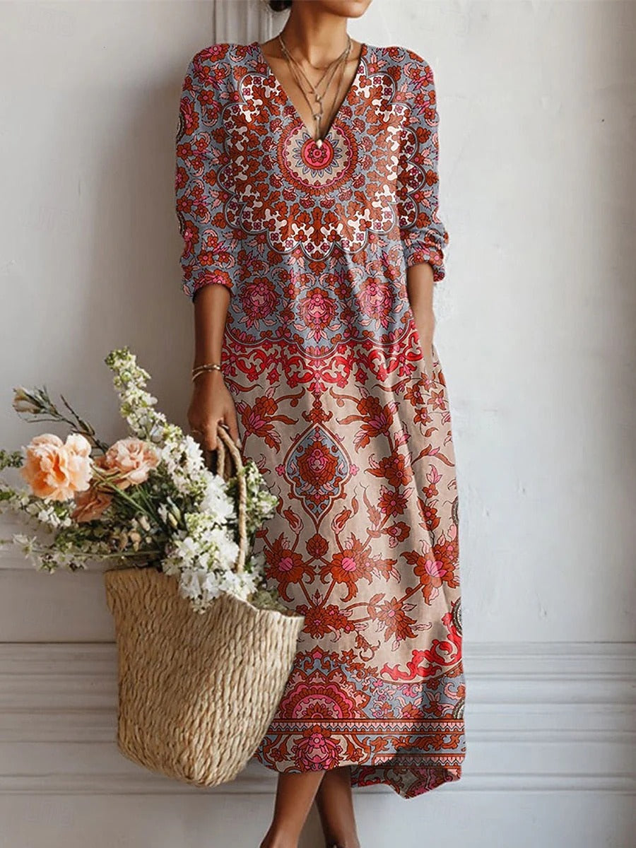 Floral Medallion V-Neck Long Sleeve Boho Maxi Dress