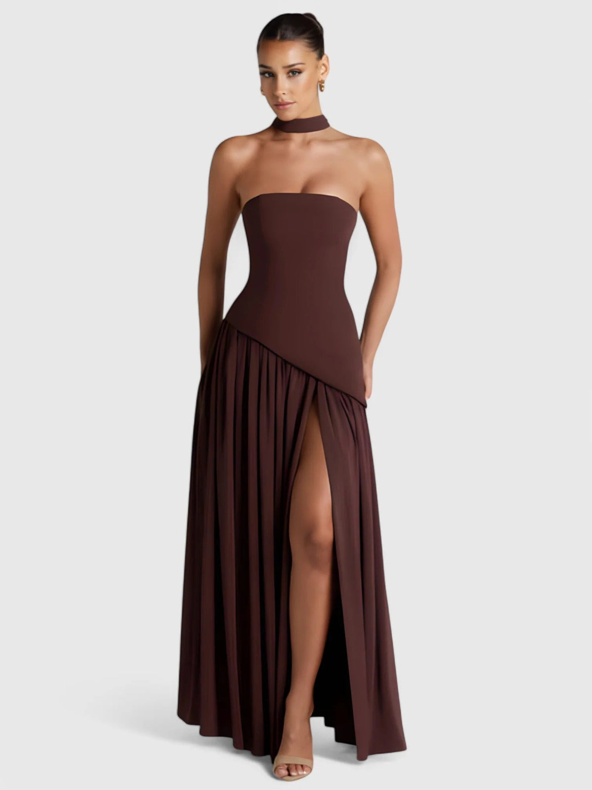 Strapless Scarf Neck Pleated Peplum Maxi Dress 7