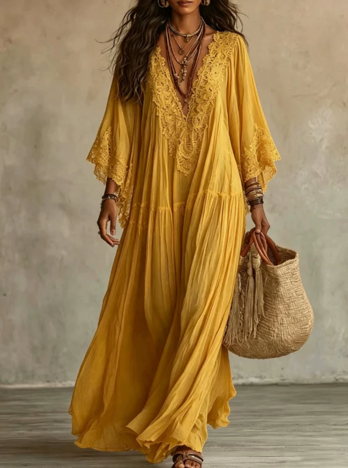 Lace Trim V-Neck Long Sleeve Boho Flowy Maxi Dress 5