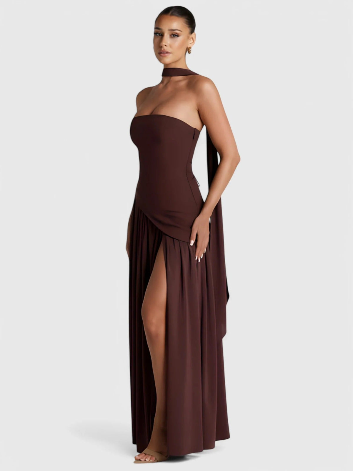 Strapless Scarf Neck Pleated Peplum Maxi Dress 8