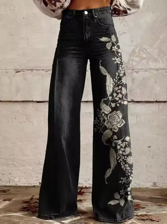 Rose Floral High Waist Wide Leg Denim Jeans