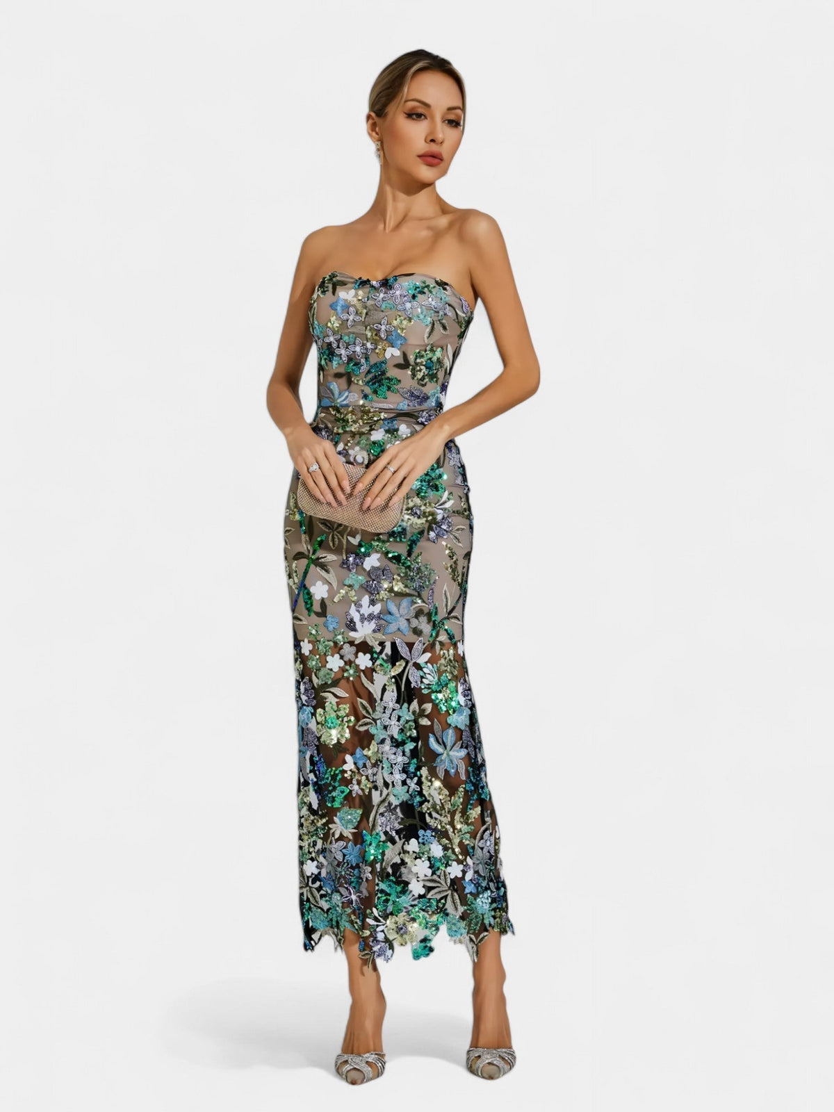 Strapless Floral Sequin Sheer Hem Maxi Dress 17