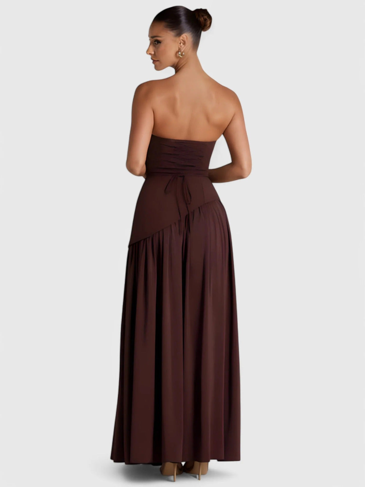 Strapless Scarf Neck Pleated Peplum Maxi Dress 9