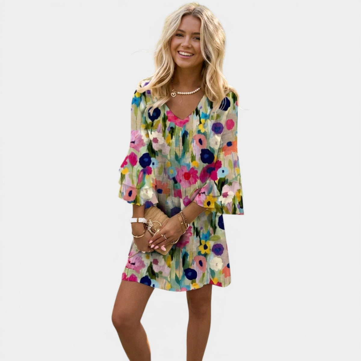 Watercolor Floral V-Neck Flare Sleeve Mini Dress 5