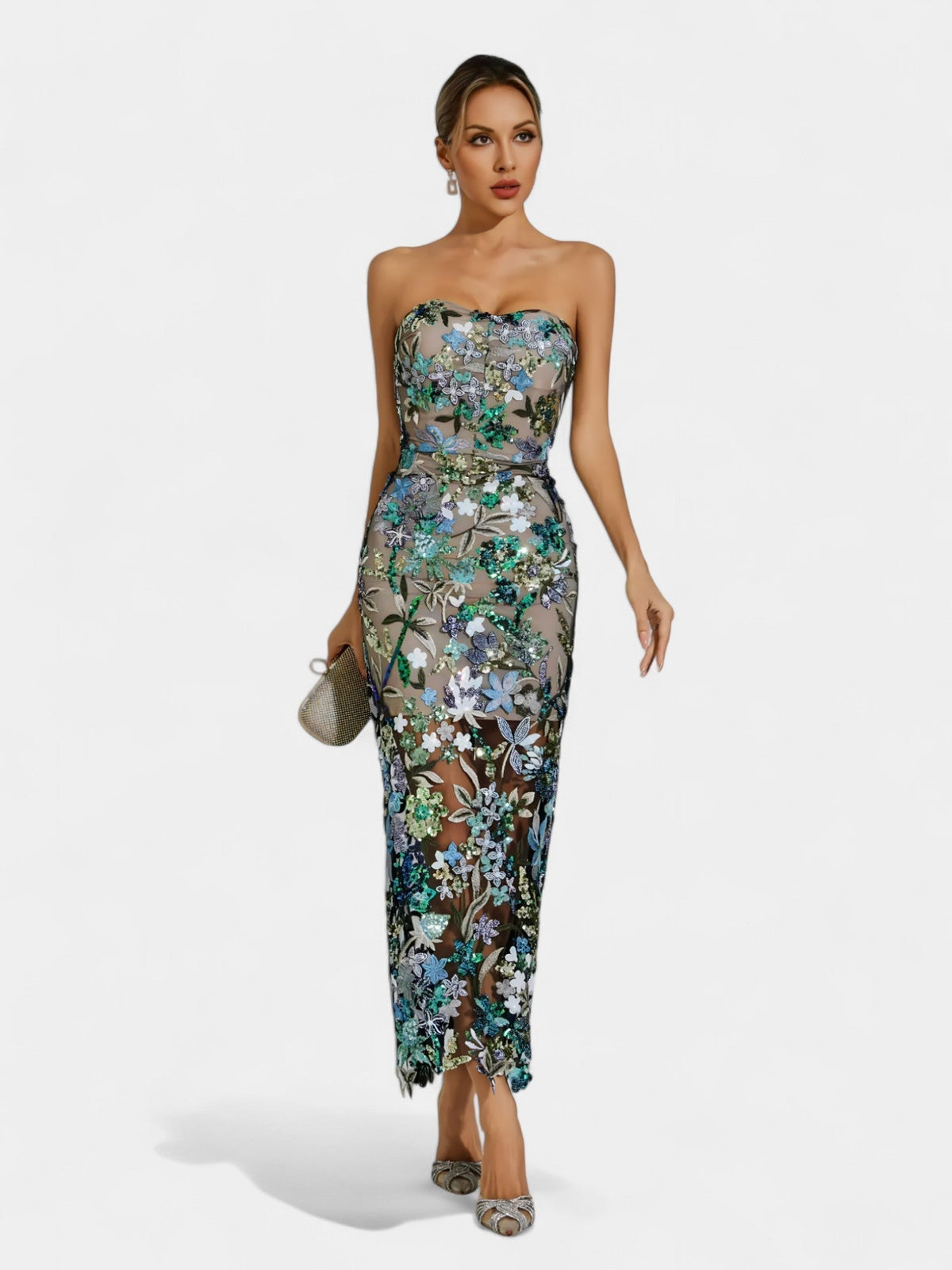 Strapless Floral Sequin Sheer Hem Maxi Dress 19