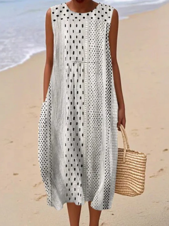 Abstract Dash Dot Print Crew Neck Sleeveless Midi Dress