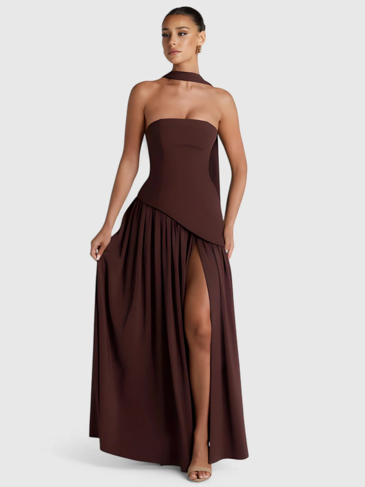 Strapless Scarf Neck Pleated Peplum Maxi Dress 10