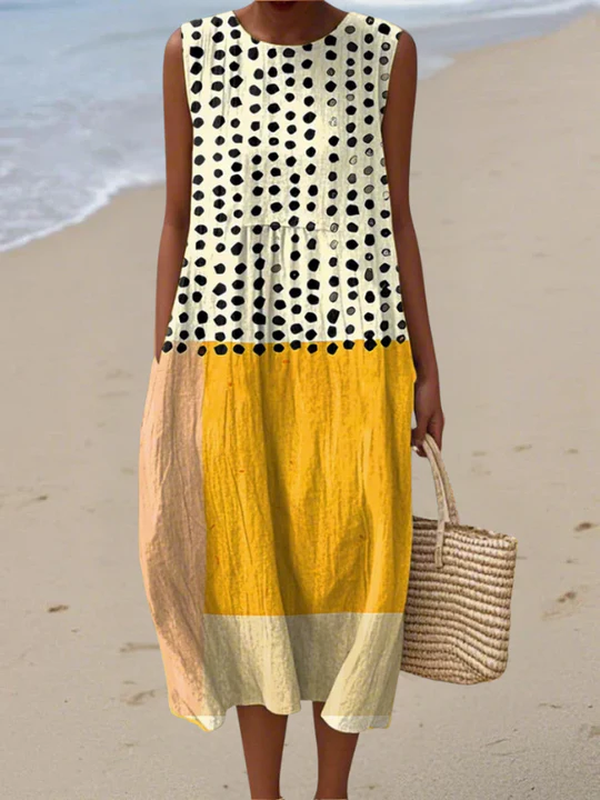 Polka Dot Colorblock Crew Neck Sleeveless Midi Dress