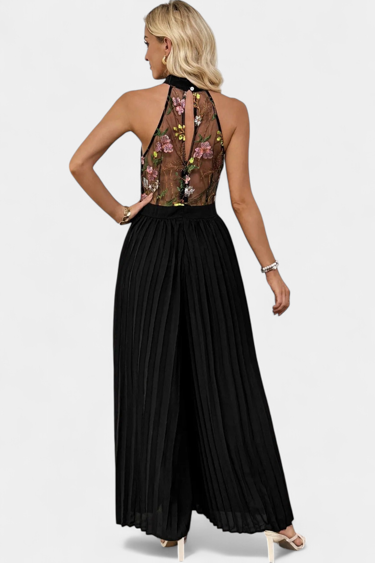 Floral Embroidered Halter Neck Pleated Wide Leg Jumpsuit 5