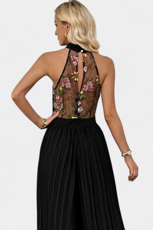 Floral Embroidered Halter Neck Pleated Wide Leg Jumpsuit 6